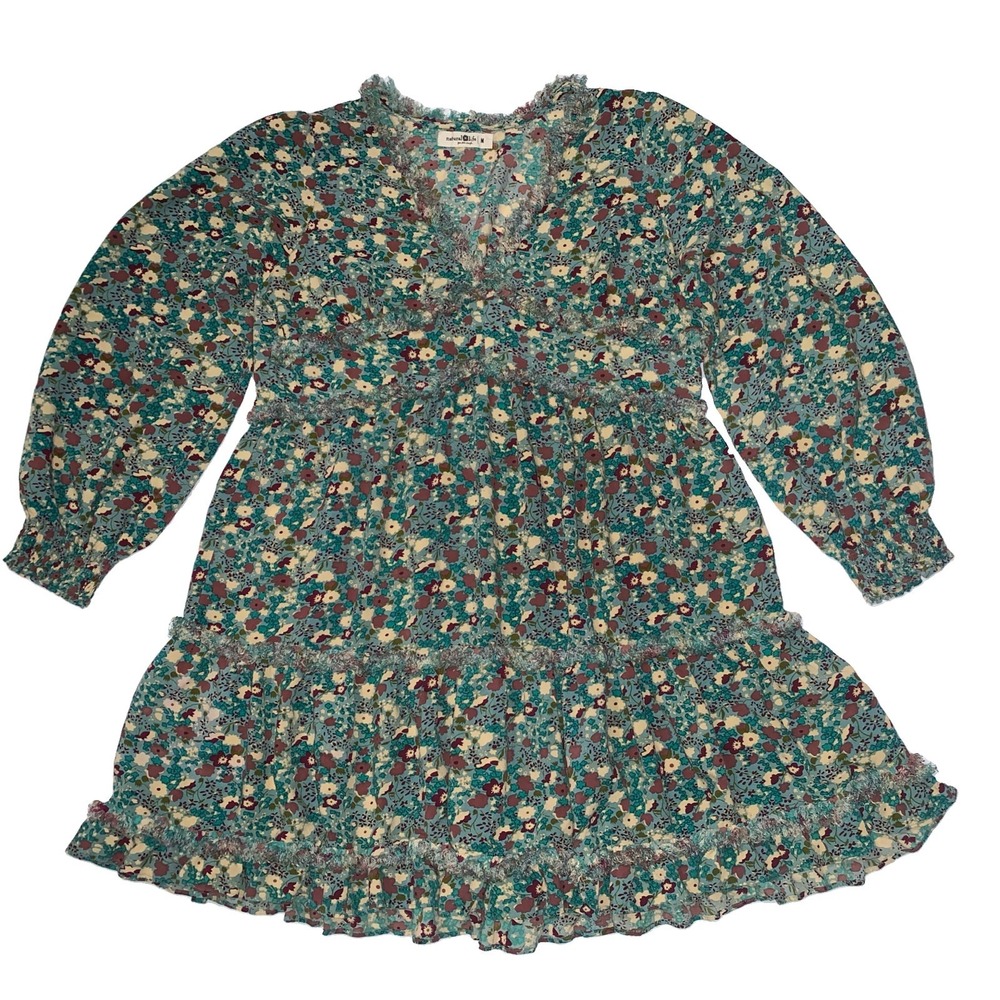 Natural Life Floral Mini Tiered Dress Size M Teal CottageCore Babydoll Boho - Picture 2 of 10